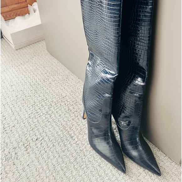 New Jimmy Choo Blue Mavis 100 Navy Croc Embossed Leather Knee High Boots - Picture 8 of 8